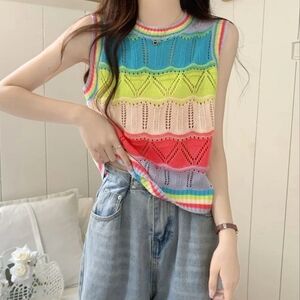 New Trendy Neon Striped Knit Cropped Crew Neck Sleeveless Sweater Vest Top